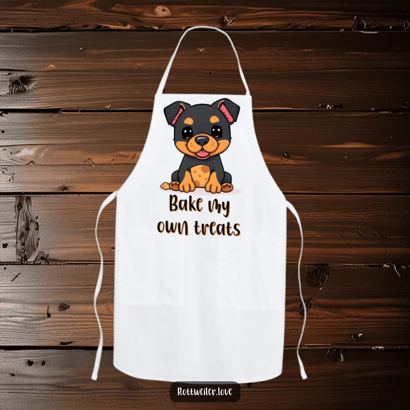 Funny Kawaii Rottweiler apron for the kitchen, featuring a hopeful dog offering a treat, adding cute humor.