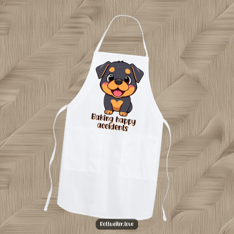 Funny Kawaii Rottweiler apron showing a dog’s surprised and happy face, perfect for adding humor and charm to kitchen activities.