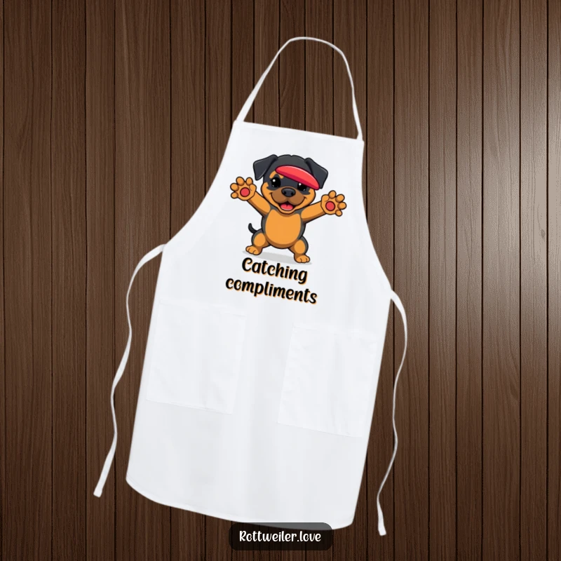 Funny Rottweiler Apron showing a dog ready to catch a frisbee, perfect for a humorous and active cooking session.