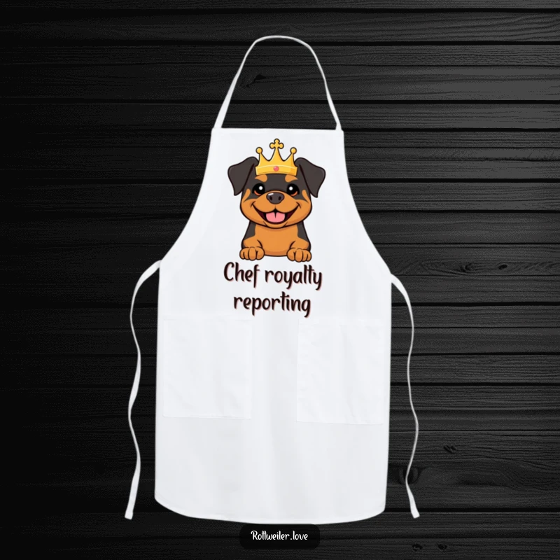 Funny apron with a smiling Rottweiler wearing a tiny crown, designed for humorous kitchen activities and royal flair.