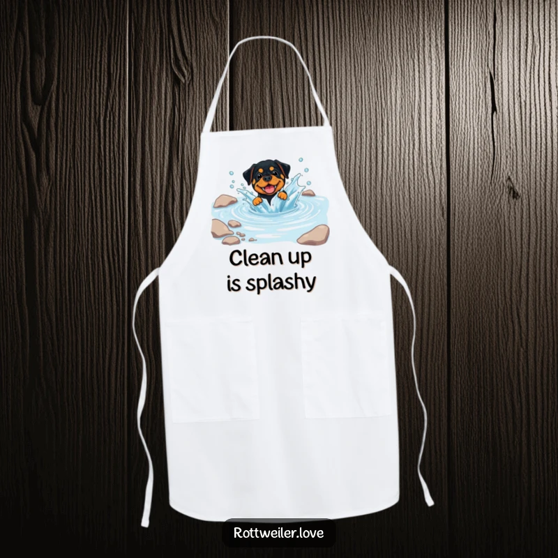 Funny Rottweiler Apron showing a dog playfully splashing in a clear, cool stream, keeping you clean and cheerful.