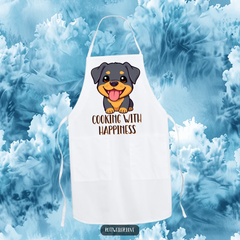 Funny kawaii rottweiler apron featuring an adorable dog with a happy panting expression, perfect for kitchen fun.