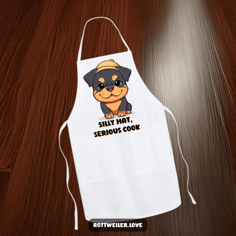 Funny kawaii rottweiler apron with a dog's silly face and a tiny hat, perfect for adding humor to cooking and baking.