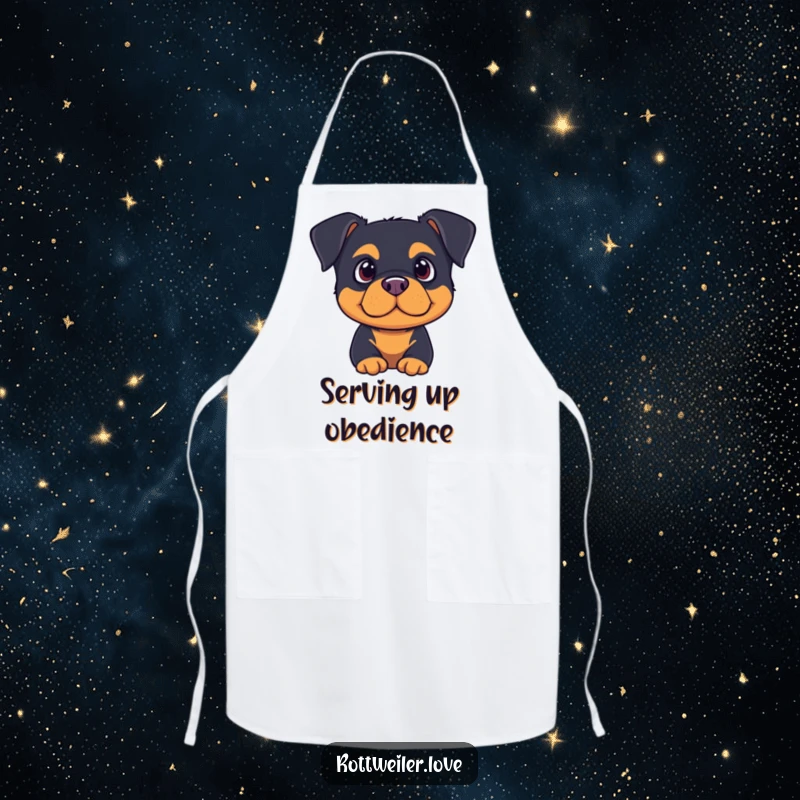 Cute rottweiler with ears perked, listening intently on a humorous apron, perfect for attentive kitchen tasks.