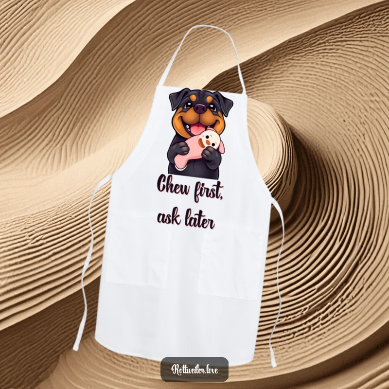 Funny Rottweiler apron depicting a dog with a huge smile holding a floppy squeaky toy, ideal for kitchen fun and dog-loving cooks.