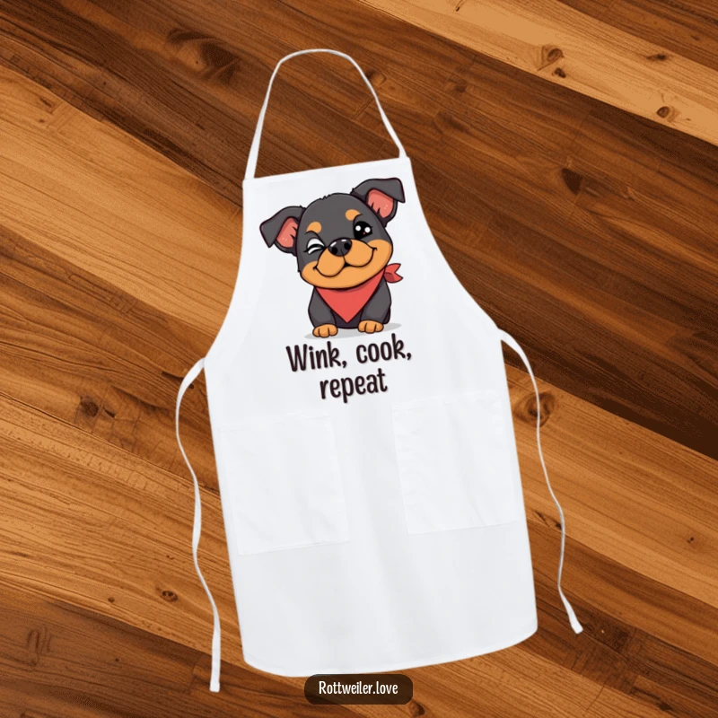 Funny Rottweiler apron depicting a dog wearing a silly bandana and giving a playful wink, ideal for kitchen fun and dog-loving cooks.