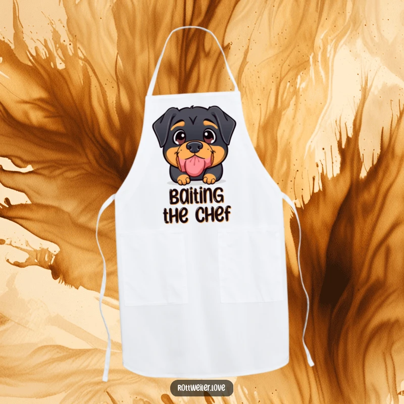 Funny Rottweiler Apron with a kawaii rottweiler sporting wide eyes, focused on balancing a treat on its nose, ready for culinary tasks.