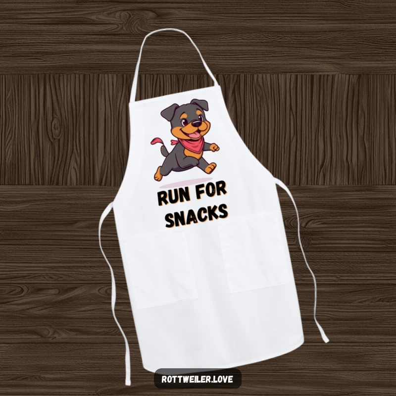 Funny Rottweiler apron showcasing a cool Rottweiler with a small bandana, ready for action in the kitchen. Adjustable neck strap.