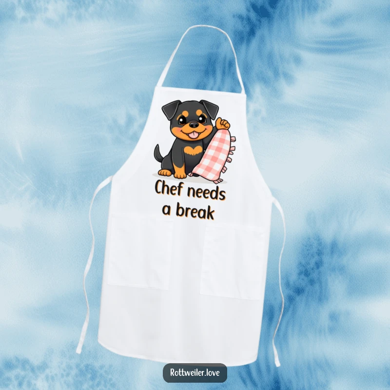 Funny Rottweiler Apron showing a dog enthusiastically waving a small, checkered blanket, keeping you cozy and clean.