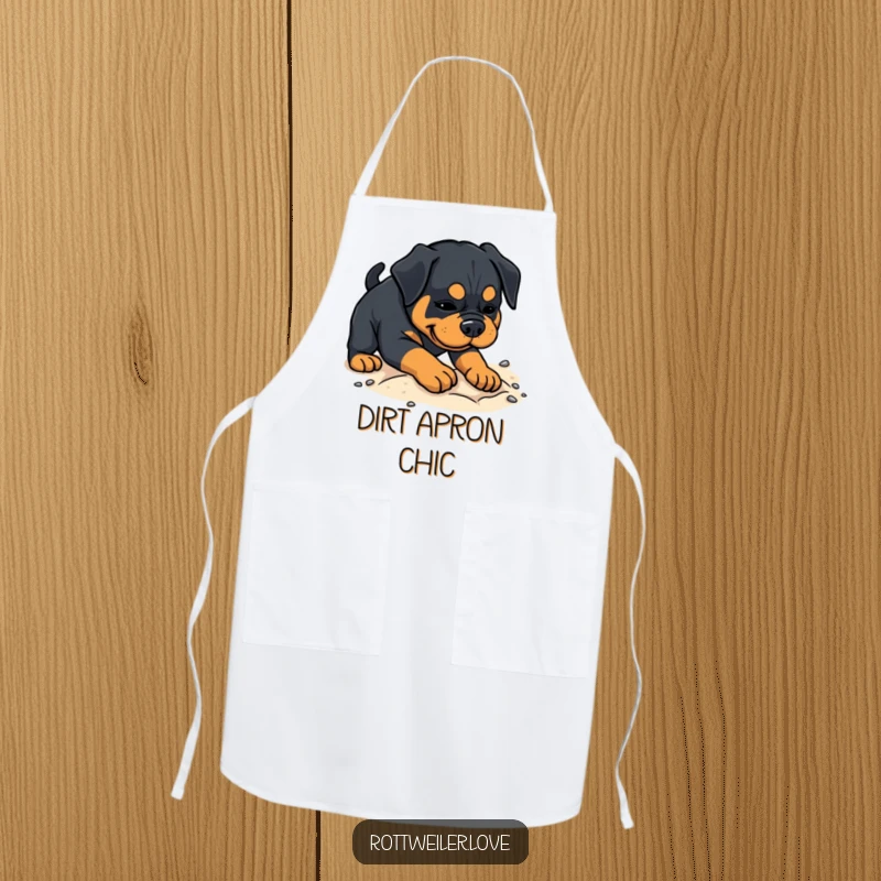 Funny Rottweiler apron depicting a dog playfully digging in sand, bringing a spirit of fun to the kitchen.