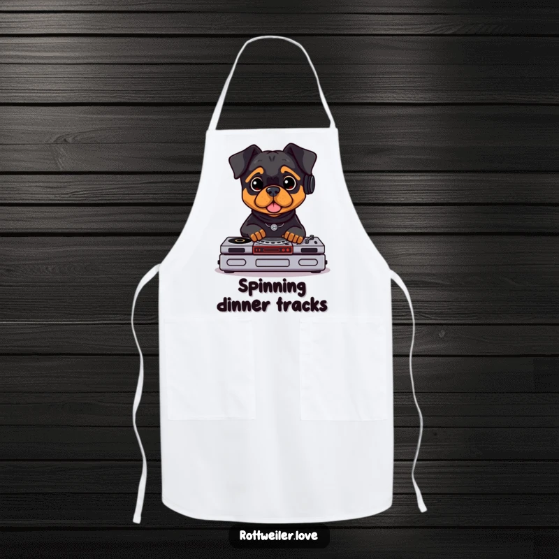 Funny Rottweiler DJ apron with a Rottweiler wearing headphones, mixing tracks on tiny turntables. Great for kitchen parties.