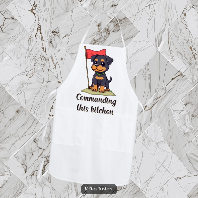 Funny Rottweiler dog proudly standing with a flag, bringing patriotic humor to this chef's apron.