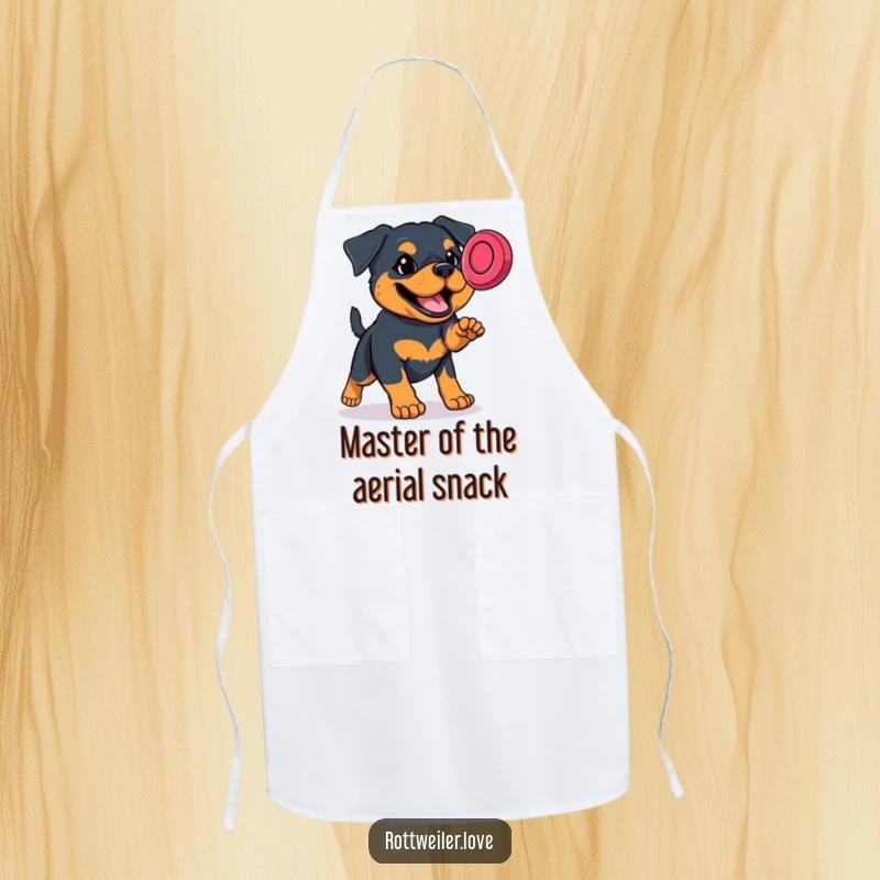 Funny Rottweiler apron depicting a dog's determined effort to catch a frisbee, adding sporty humor to kitchen duties.
