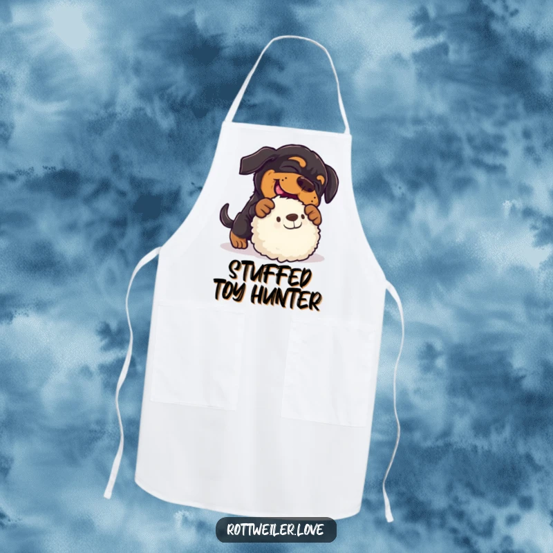 Funny rottweiler apron showing a playful dog pouncing on a stuffed toy, ideal for adding humor to cooking and kitchen activities.
