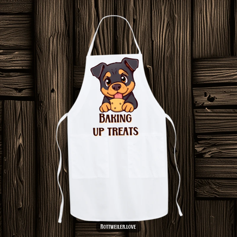 Funny rottweiler apron showing a curious dog with bright eyes looking at a treat, perfect for humorous kitchen protection.