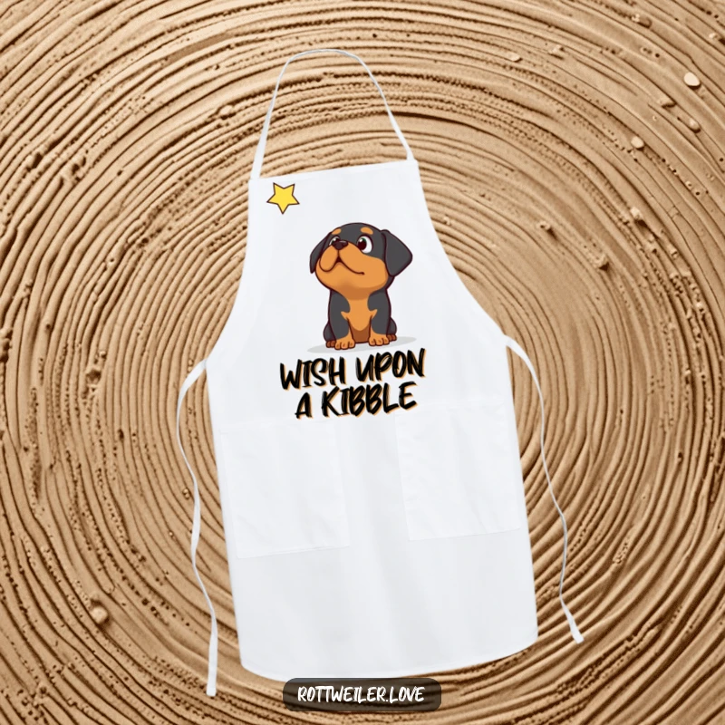 Funny Rottweiler dog looking up in surprise at a falling star, featured on a practical and charming kitchen apron.