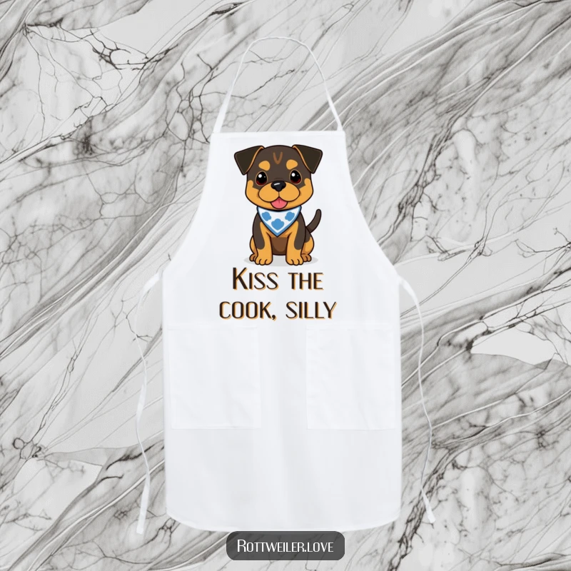 Funny Rottweiler apron for the kitchen, featuring a dog in a bandana with a wagging tail, adding humor to cooking.