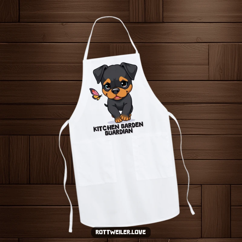 Funny Rottweiler apron showing a dog with a determined look, focused on chasing a butterfly, ready to tackle any culinary challenge.