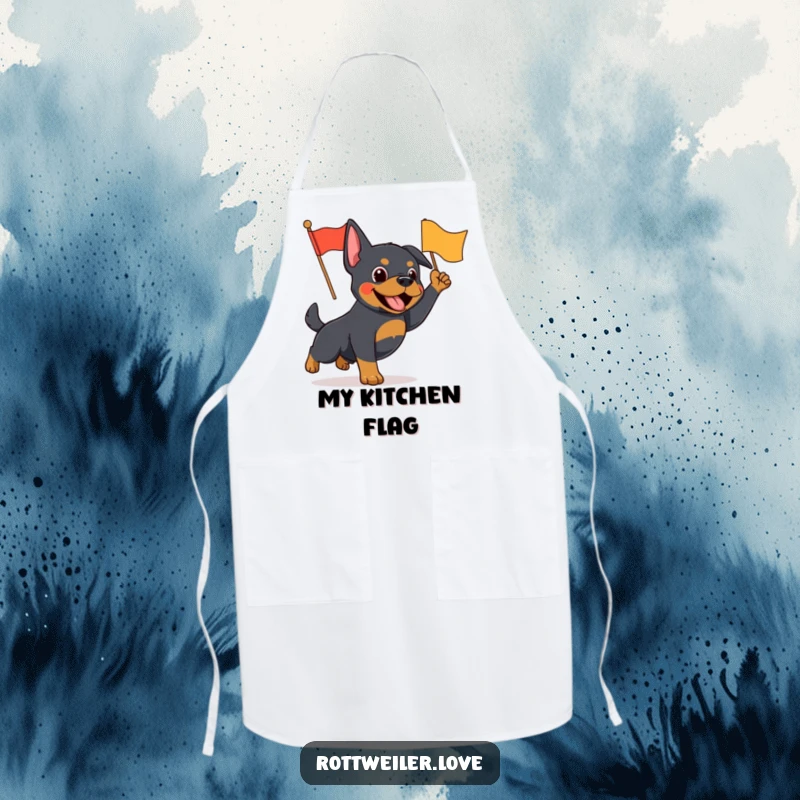 Funny Rottweiler apron depicting an energetic dog waving a small, bright flag, bringing cheerful spirit to cooking.