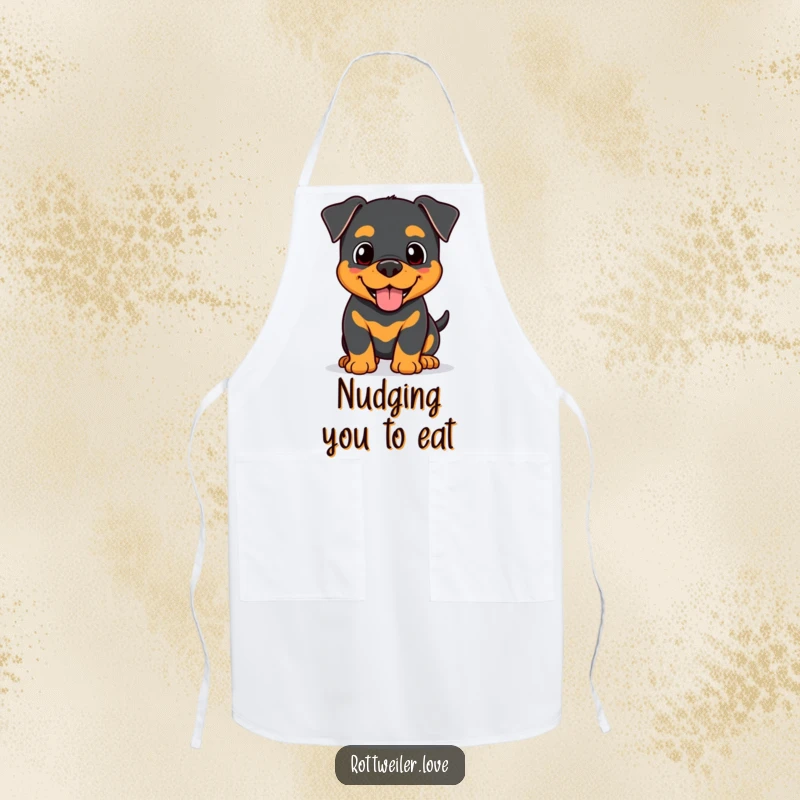 Funny Kawaii Rottweiler apron featuring a happy dog offering a friendly head nudge, perfect for adding a touch of love to kitchen tasks.