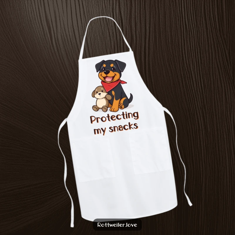 Funny rottweiler apron showing a joyful dog wearing a bandana, guarding a plush toy, perfect for humorous kitchen protection.