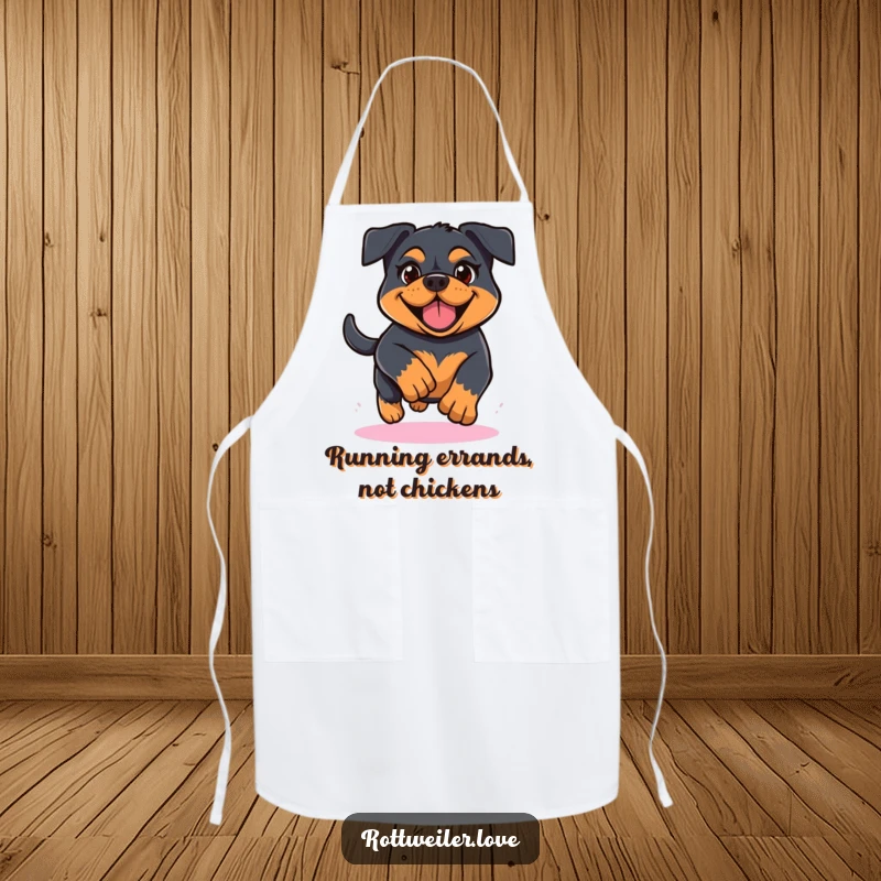Funny Kawaii Rottweiler apron showing a determined and cheerful dog in motion, perfect for adding a fun vibe to cooking or baking.