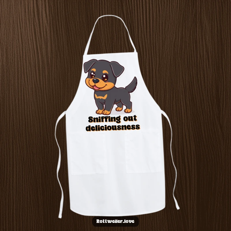Funny Rottweiler Apron showing a dog ready to cook, wagging its tail with zest, perfect for kitchen fun.