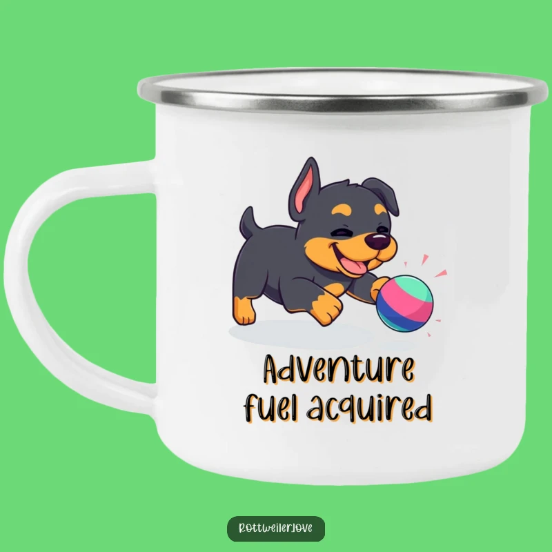 Durable Funny Kawaii Rottweiler Camping Mug: Playful pup, an adventurous funny gift for the outdoors.
