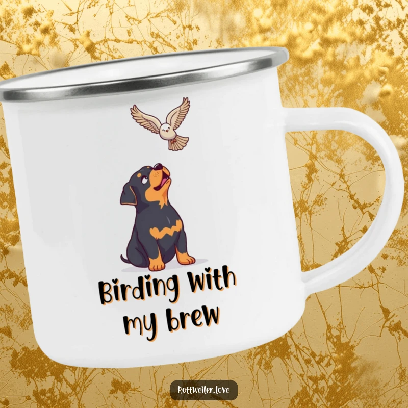 Funny Rottweiler Camping Mug showing a dog looking up with enthusiasm at a soaring bird, for inspired outdoor enjoyment.