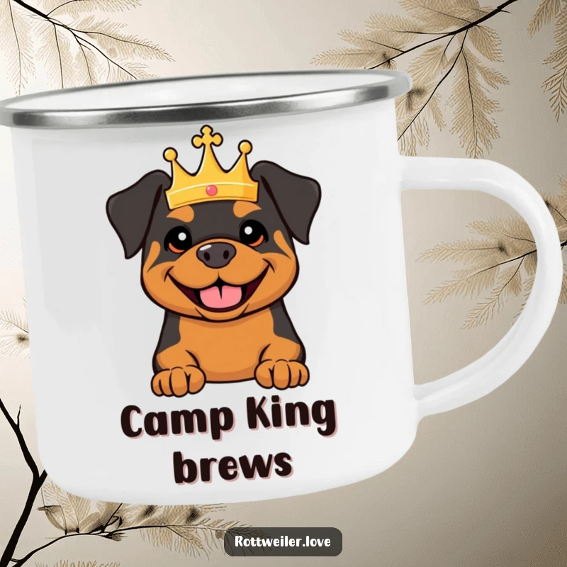 Funny camping mug featuring a Rottweiler wearing a tiny crown and smiling, perfect for outdoor comfort and royal humor.