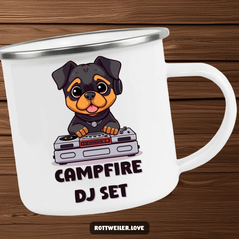 Funny Rottweiler DJ camping mug with a Rottweiler wearing headphones, DJing on tiny turntables. Sturdy enamelware.