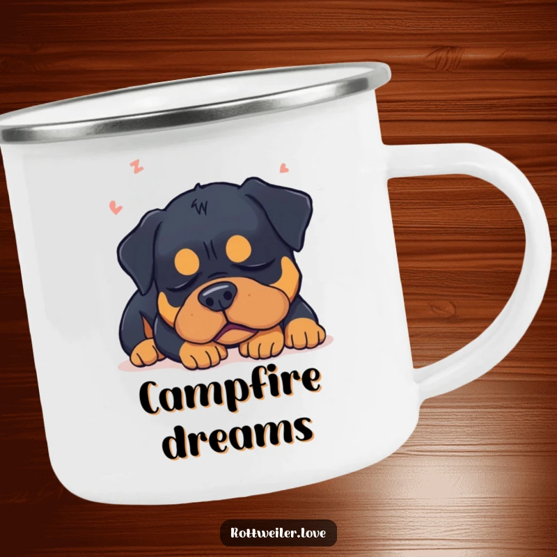 Funny sleepy Rottweiler dog dreaming, adding peaceful slumber humor to this durable camping mug.
