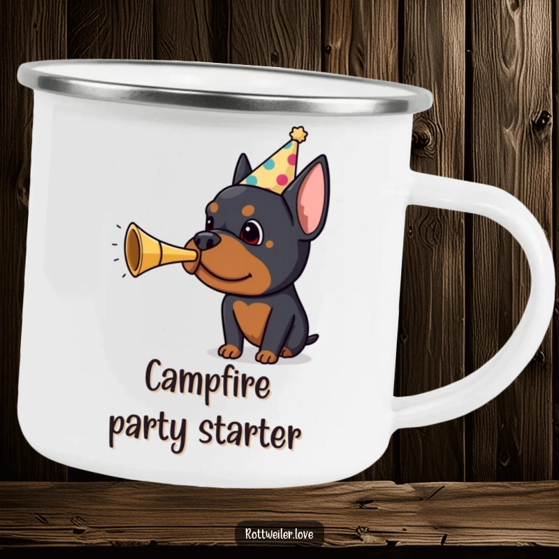 Funny Rottweiler camping mug featuring a dog in a party hat blowing a small horn, rugged and ready for outdoor fun and laughter.