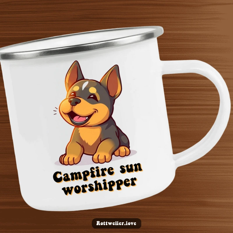 Funny Rottweiler camping mug featuring a happy dog sighing contentedly while basking in warm sunlight, perfect for rugged adventures and serene enjoyment.
