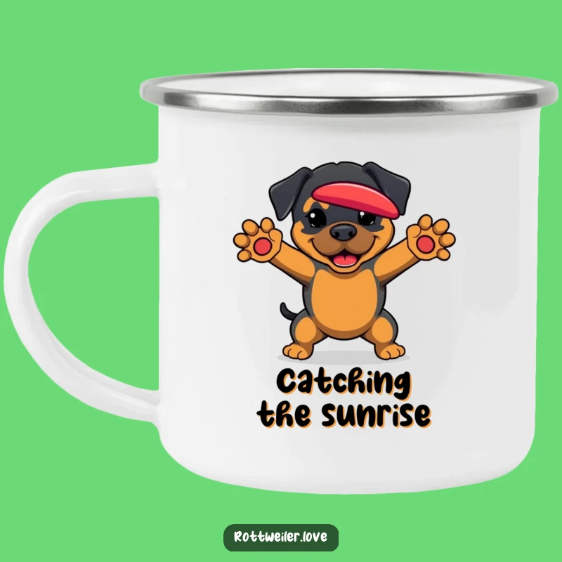 Funny Rottweiler Camping Mug: Outdoor Dog Gift Catching Frisbee
