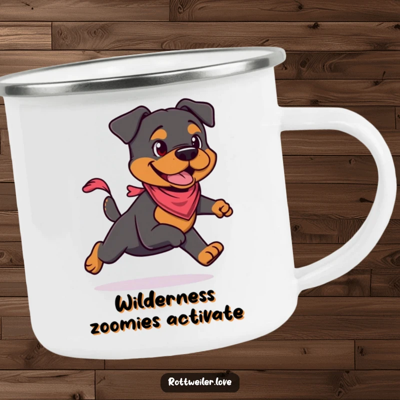 Funny Rottweiler camping mug showing a cool Rottweiler with a small bandana, ready for the outdoors. Sturdy enamelware for rugged use.