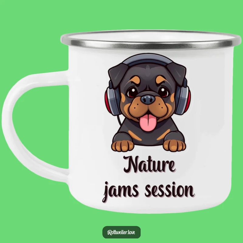 Funny DJ Rottweiler Camping Mug: Outdoor Beats, Headphones Gift
