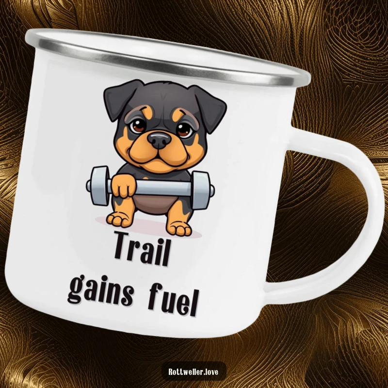 Funny camping mug featuring a determined Rottweiler lifting a dumbbell, perfect for outdoor motivation and humorous beverage enjoyment.