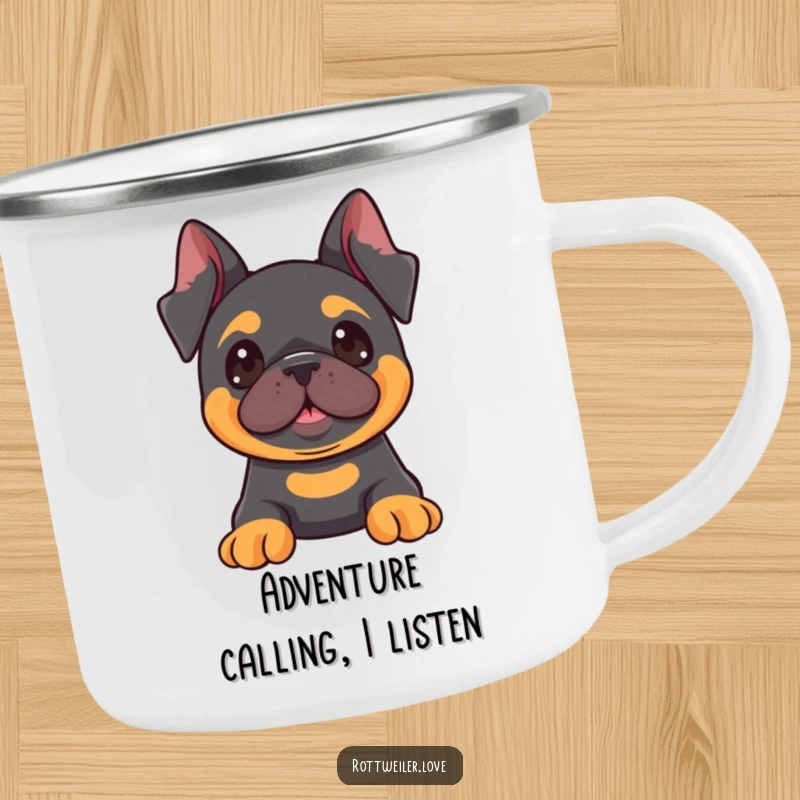 Funny Kawaii Rottweiler camping mug showing a dog with perked ears, looking intently at something fun, perfect for outdoor enjoyment.