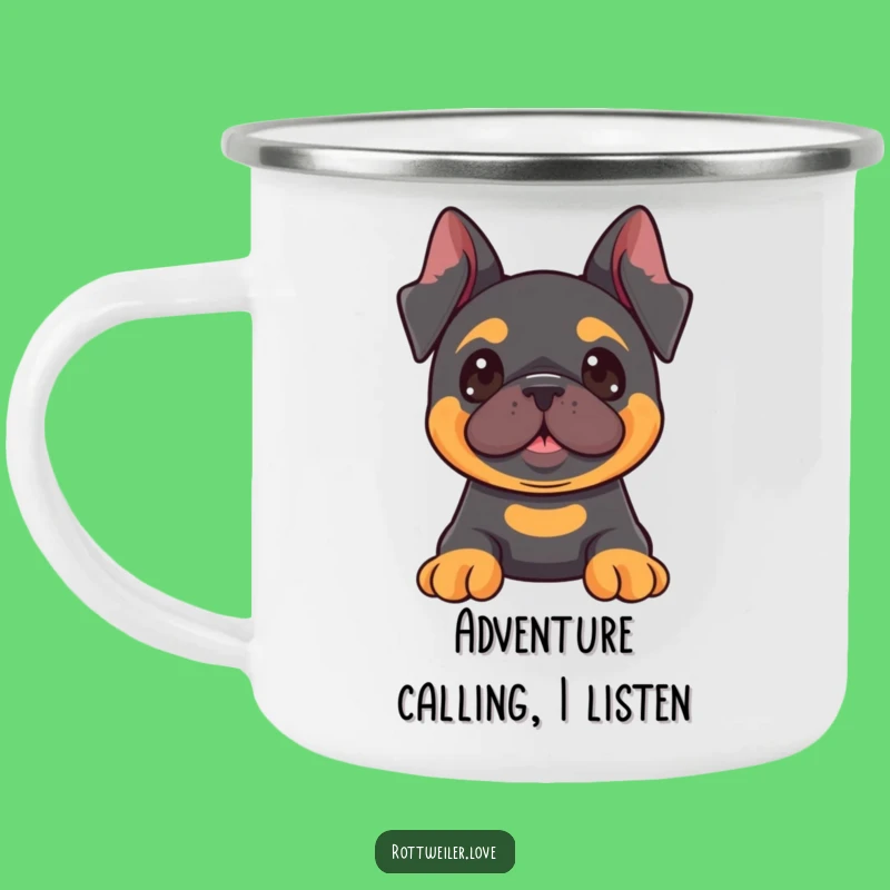 Funny Kawaii Rottweiler Alert Camping Mug, Curious Dog Enamel Cup, Excited Pup Outdoor