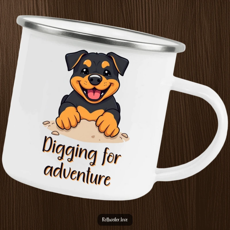 Funny Kawaii Rottweiler Camping Mug showing a cute rottweiler with a happy grin, enthusiastically digging with its paws during outdoor activities.