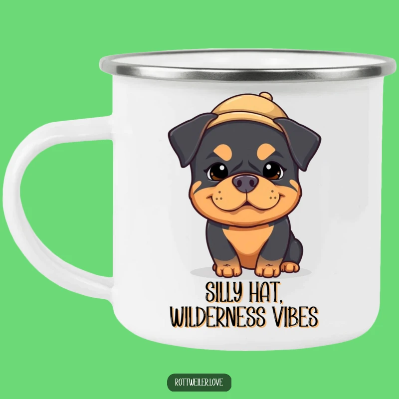 Funny Kawaii Rottweiler Camping Mug: Silly Dog, Tiny Hat Adventures!