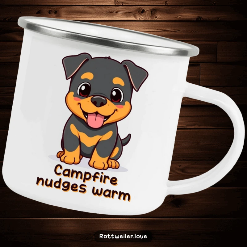 Funny Kawaii Rottweiler camping mug showing a happy dog giving a gentle head nudge, perfect for enjoying drinks in nature.