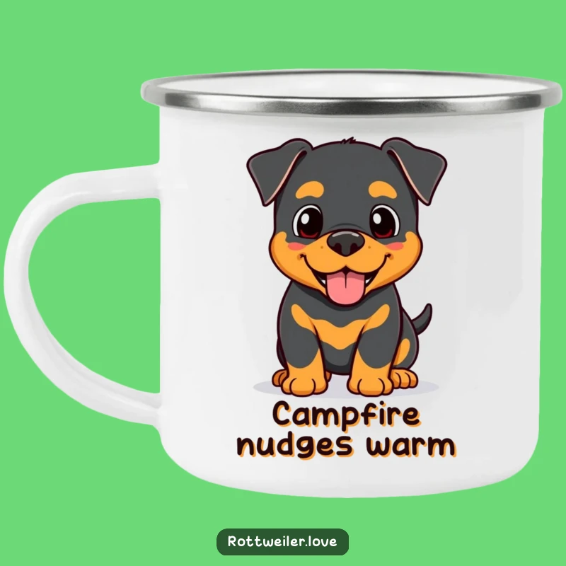 Funny Kawaii Rottweiler Nudge Camping Mug, Affectionate Dog Enamel Cup, Happy Pup Outdoor