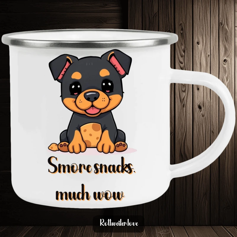 Funny Kawaii Rottweiler camping mug featuring a hopeful dog offering a treat, perfect for outdoor charm and humor.