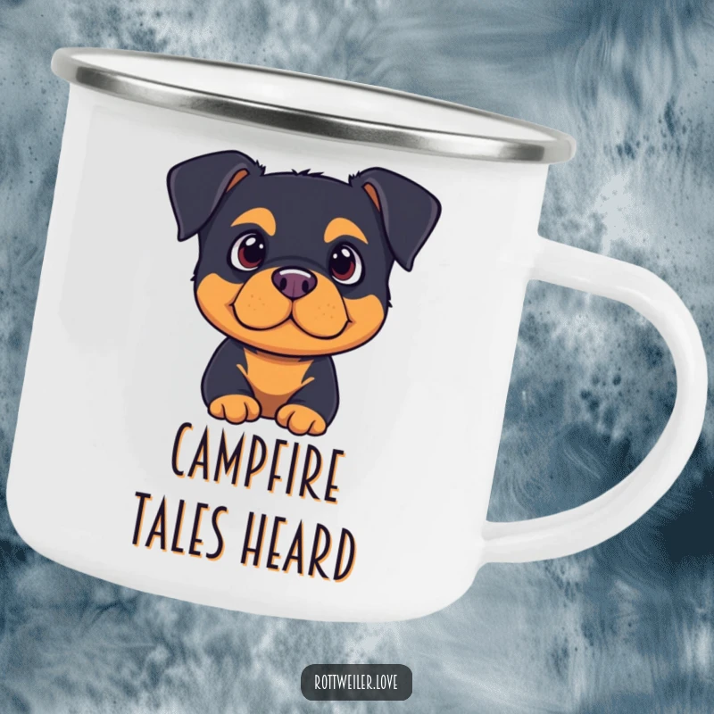 Cute rottweiler with ears perked, listening intently on a sturdy camping mug, bringing attentive cheer outdoors.