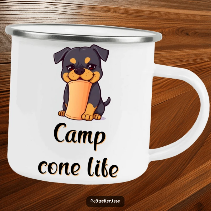 Funny Rottweiler Camping Mug: A Rottweiler with a goofy expression balances a cone, ready for camp.