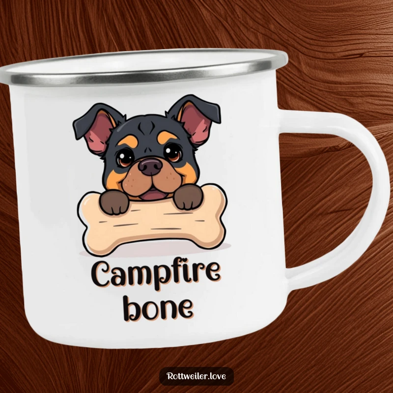 Funny camping mug featuring a Rottweiler peeking from behind a dog bone, perfect for humorous outdoor use.