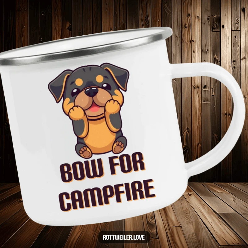 Funny camping mug featuring a Rottweiler in a playful bow, perfect for humorous outdoor use.