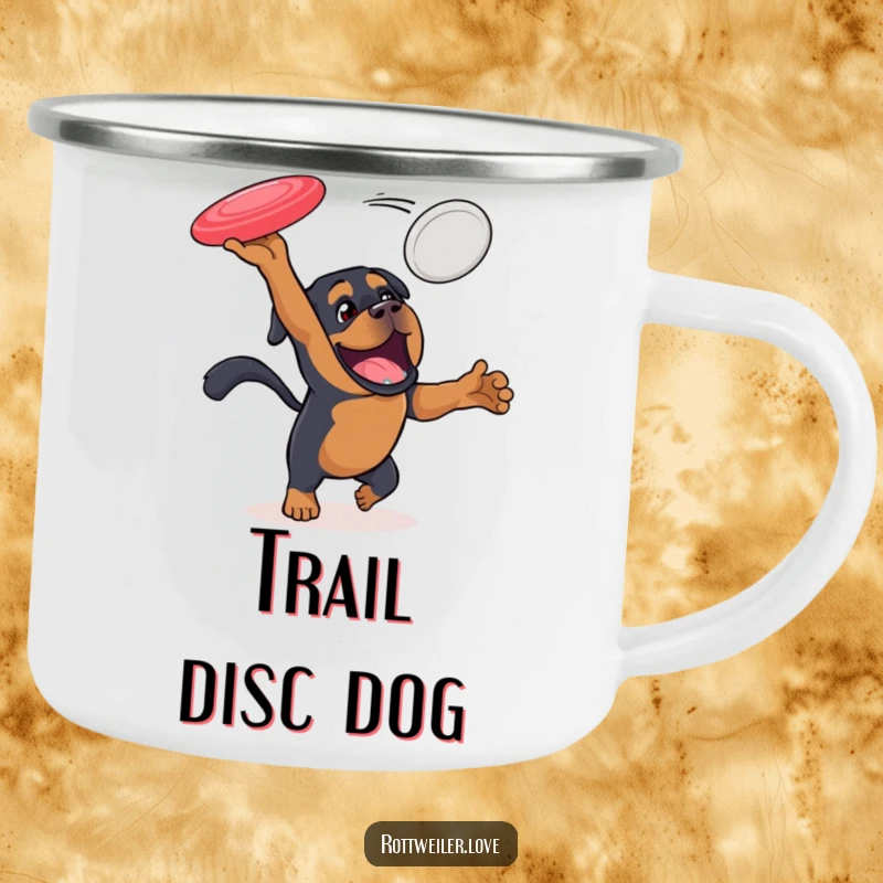 Funny Rottweiler camping mug showing an energetic dog leaping to catch a flying disc, perfect for outdoor enthusiasts and dog lovers.